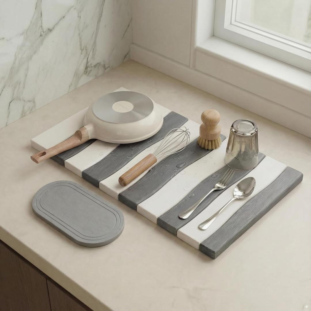 Large Diatomite Stone Dish Drying Mat for Kitchen Counter, 2 PCS Quick Dry Diatomaceous Earth Stone Dishes Mats for Countertop, Non-Slip Base, Foldable Design (Gray & White 24"×16" & 11"x5")
