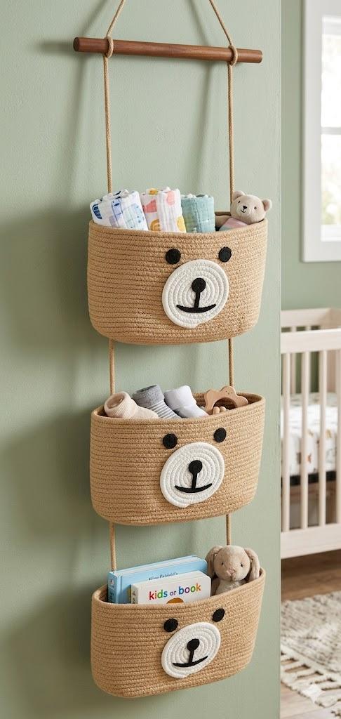 CherryNow Cotton Rope Baby Basket for Nursery, Bear Gift Baskets for Kids, Empty Baby Shower Basket with Handles, Small Cute Animal Baskets, Brown