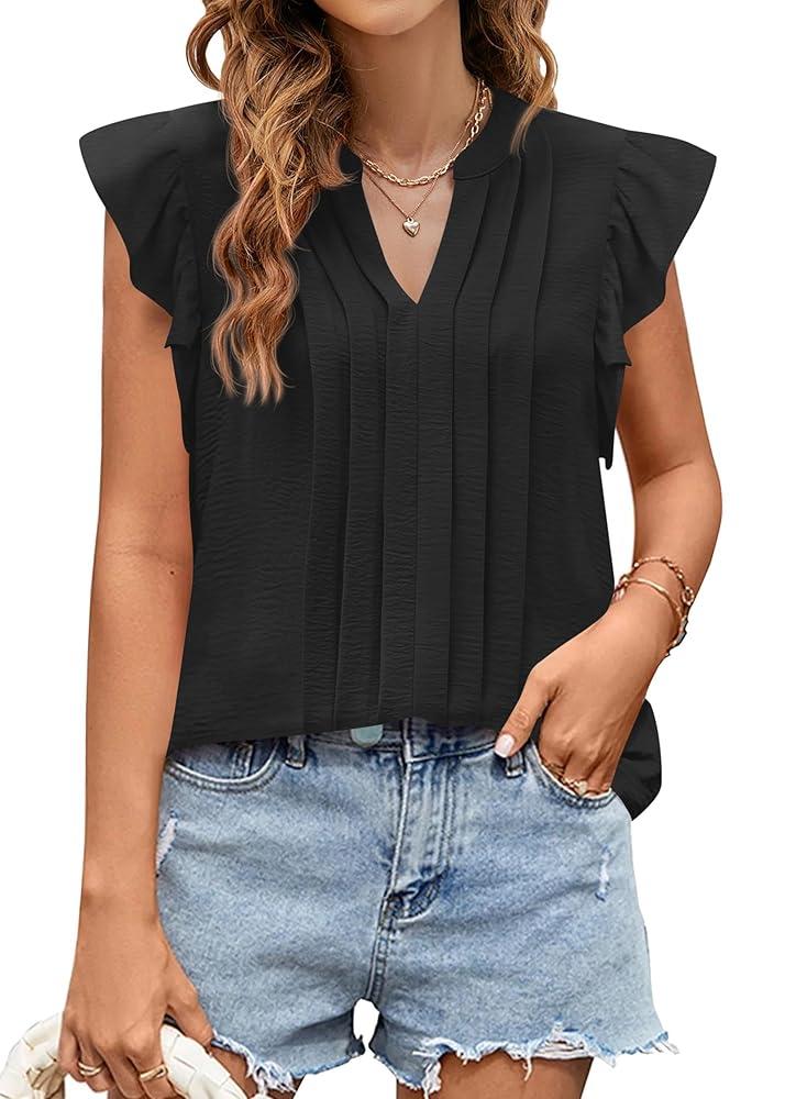 KIRUNDO Spring Tops for Women Lightweight Blouses Dressy Casual Ruffle Sleeve V Neck Pleated Business Casual Summer Shirts(Black, Small)