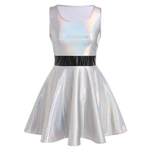 IDOPIP Women's Shiny Metallic Dress Sexy Sleeveless Skater Mini Dress Holographic Party Rave Dance Clubwear Halloween Costume (XL)