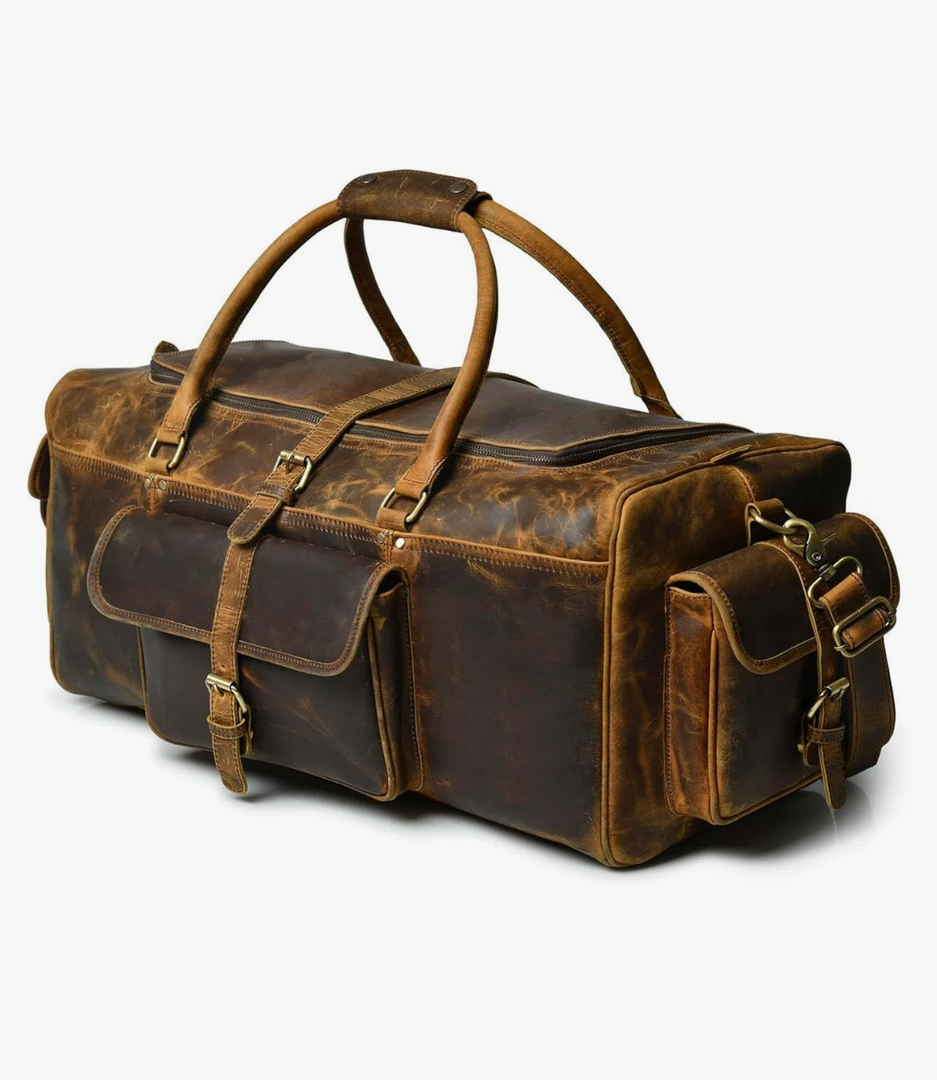 Full Grain Leather Duffle Bag for Men & Women Vintage Travel Weekender Gym & Overnight Bag