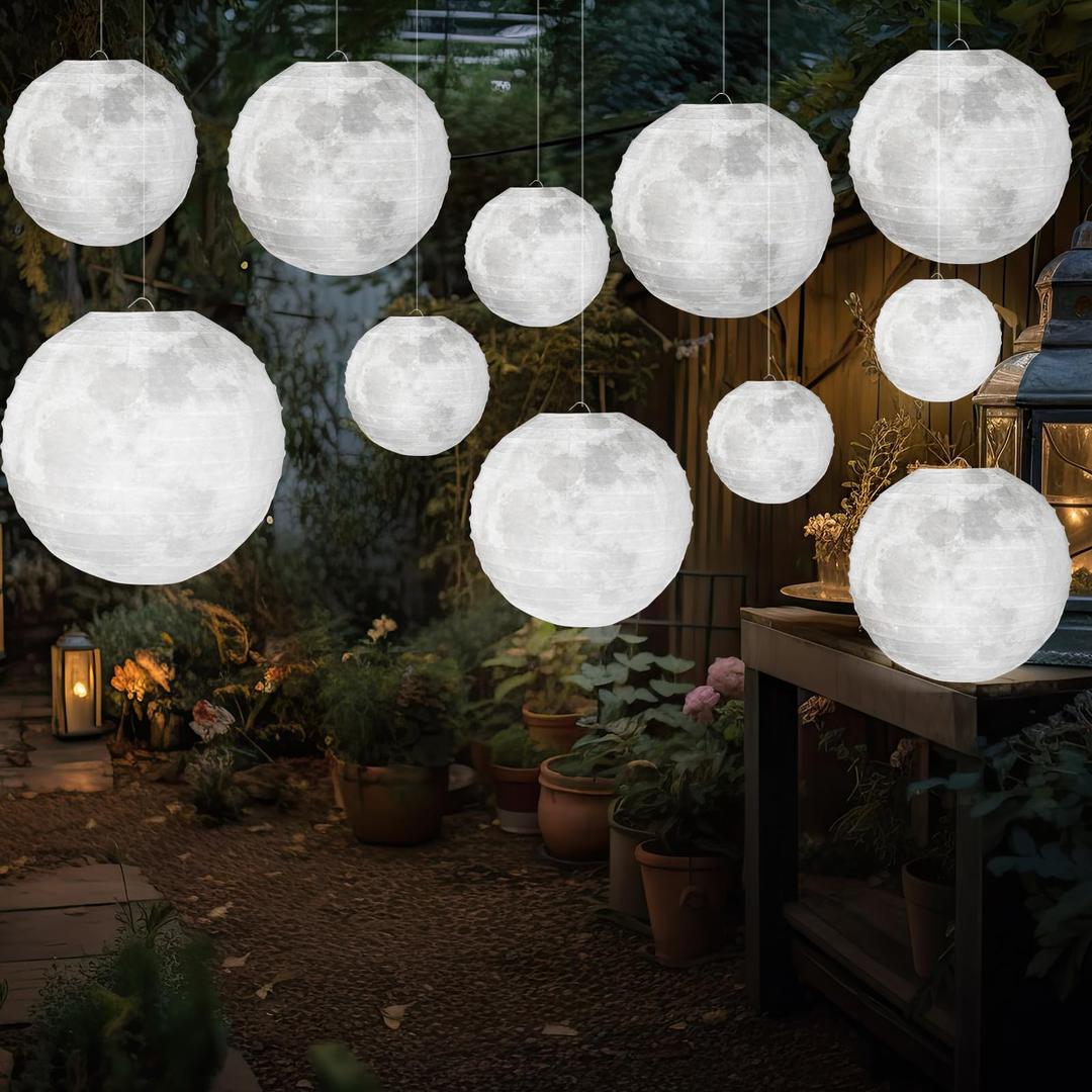 Baquler 12 Pcs 12" Moon Paper Lanterns Ceiling Hanging Decor LED Outer Space Moon Party Decorations Hanging Ball Lanterns Round for Room Classroom Birthday Wedding Anniversary Party