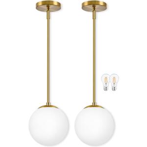 Bagood 8" Globe Pendant Light Gold 2 Pack Mid Century Pendant Light Globe Pendant Lights Kitchen Island Brushed Brass Finished with Milk Glass Adjustable Ceiling Light Fixtures for Dining Room Bar