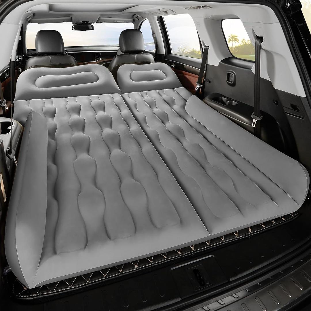 SUV Air Mattress Thickened & Double Sided Flocking Bed Cushion 2 Pillow Car Airbed Mattress with 3 in 1 Wireless Pump Portable Road Trip Sleeping Pad for Travel Camping, Gray (Grey)