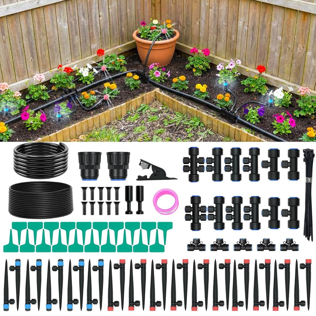 Drip Irrigation System for Garden, 2026 Upgraded Automatic Plant Watering Kit with Quick Connect PE Tubing, 30 Water-Saving Adjustable Drip Emitters for Yard, Lawn, Raised Bed & Greenhouse (100FT)