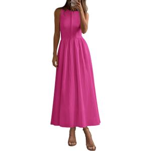 PRETTYGARDEN Maxi Dresses for Women 2026 Summer Casual Sleeveless Patchwork Flowy Vacation Sundress Knit Long Work Tank Dress (Pink, S)