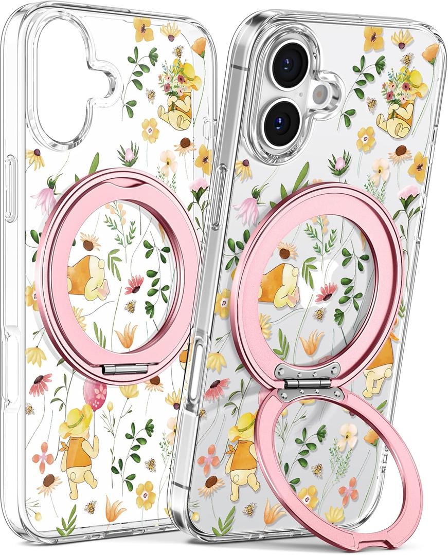 Loheckle for iPhone 16 Case - Compatible with MagSafe Stand Women Girls Cute Clear Girly Aesthetic Kawaii Unique Design Soft TPU Built-in Magnetic Stand Phone Cover for Apple 16, Flower Bear