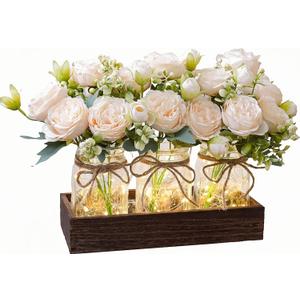 LUEUR Mason Jar Lights Centerpiece with Farmhouse Wood Tray  3 Jars with Champagne Peony Spring Flowers, Spring & Summer Wedding Decoration for Dining Table, Coffee Table, Kitchen & Living Room
