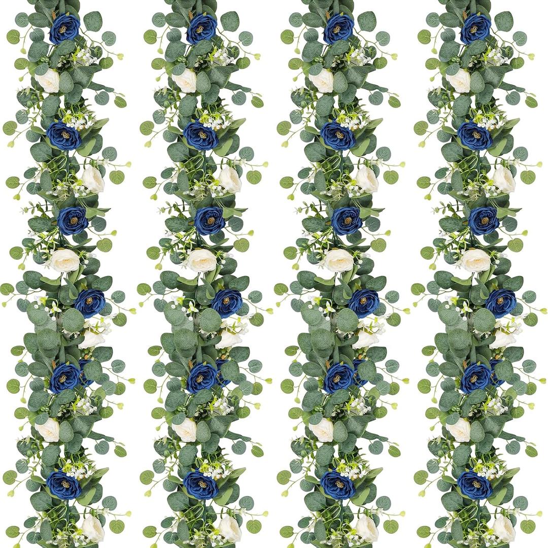 TOCHGREEN 4 Pack Artificial Eucalyptus Flower Garland with White and Blue Roses, Fake Rose Flower Greenery Garland Floral Vines for Wedding Home Party Table Runner Decor (Blue White, 4PCS)