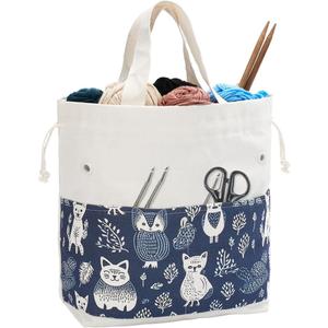 Crochet Bag, Handy Knitting Project Yarn Bag, Crochet Accessories Yarn Storage Organizer, Knitting Bags and Totes for Crocheting on The Go, 12.5x13x5'' (Small, Blue Cat)