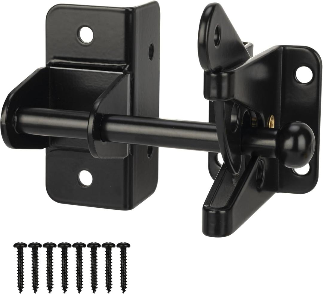 HILLMASTER Self Locking Gate Latch for Wooden Fence, Heavy Duty Gravity Fence Latch Privacy Door Latch for Wood Gate, Metal Gates, Vinyl Fence, Gate Hardware Gate Door Lock for Outdoor Pool, Black Finish,  4.7''