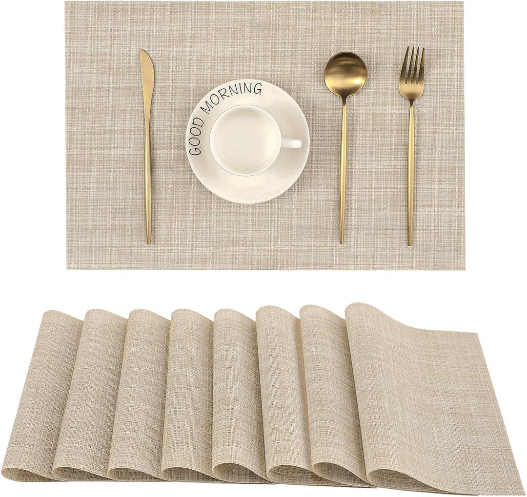 Leetaltree Beige Placemats Set of 8 - Heat Resistant Non-Slip Place mats for Dining Table, Washable Durable PVC Vinyl Woven Table Mats Beige