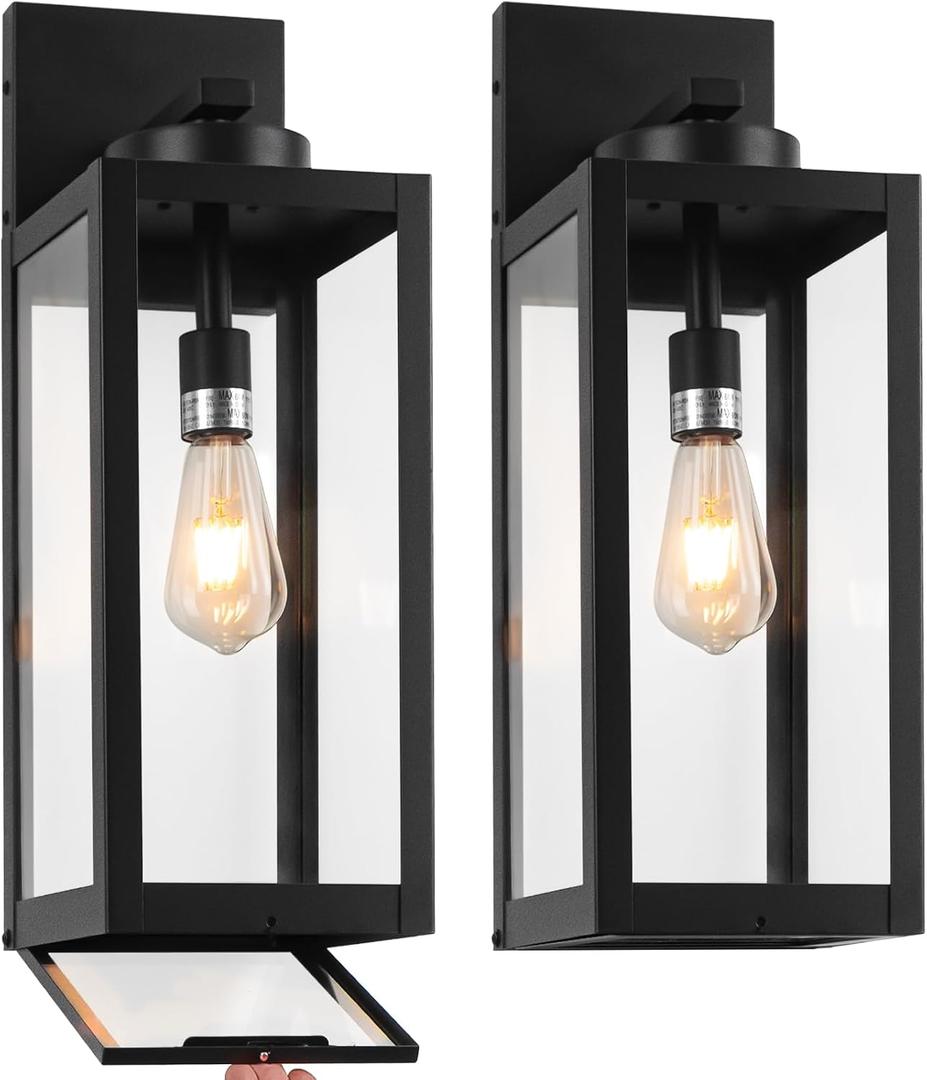 20" Large Outdoor Wall Lights with Closed Bottom - Black Outdoor Light Fixture Porch Lantern Wall Mounted, Waterproof Modern Exterior Wall Sconce Coach Lamp with Tempered Glass for House, E26, 2 Packs, 2 Packs-20IN