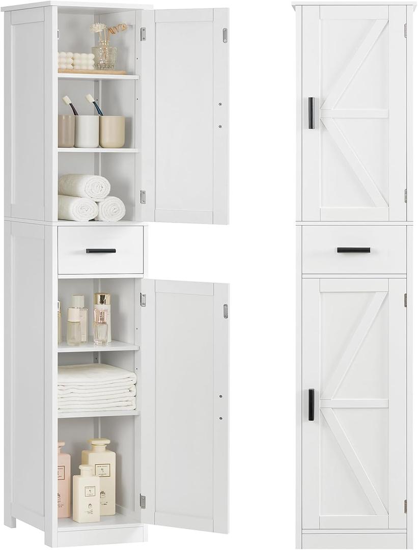 WEENFON 67 Tall Bathroom Cabinet with 6 Shelves & 1 Drawer, Narrow Storage Cabinet with Adjustable Shelves, Silm Cabinet for Living Room, Kitchen, White
