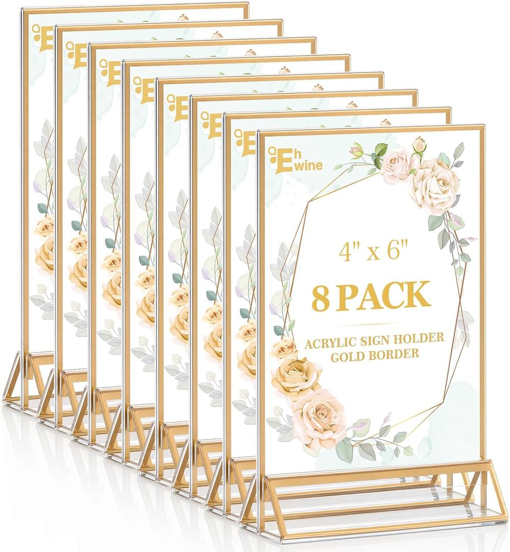 EHWINE 8 Pack 46 Clear Acrylic Sign Holder with Gold Borders and Vertical Stand, Double Sided Table Menu Holders Picture Frames for Wedding Table Numbers, Restaurant Signs, Photos and Art Display