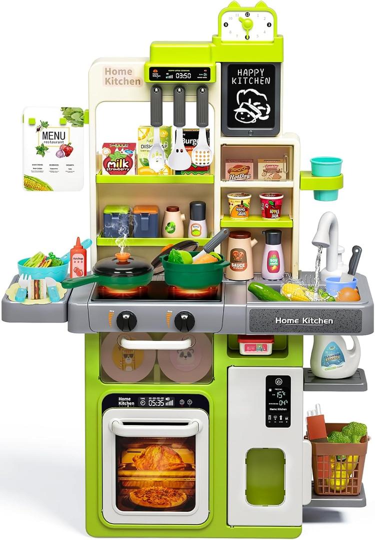 Kids Play Kitchen Set, Toddler Kitchen Playset with Sound & Light, Cooking Stove with Steam, Play Sink, Play Food Toy and Kitchen Accessories, Kitchen Toy for Kids Girls Boys (31.5 * 22 * 8.6 In) (Green)