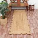 Hand Woven Natural Jute Scalloped Rug, Reversible Boho Entry Area Rugs for Kitchen, Living Room, Farmhouse Indoor Outdoor Decorative Floor-Rug, Bohemian Style Size 2x6 Ft