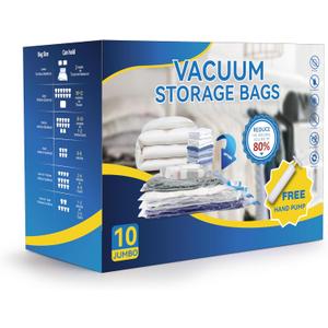 10 Jumbo Vacuum Seal Bags with Hand Pump, Vacuum Storage Bags, Space Saver Bags for Clothing, Comforters, Blankets, Bedding, Pillows (10Pack)