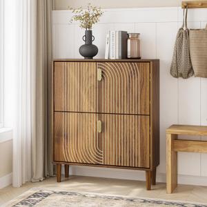 Shoe Cabinet Storage for Entryway with 2 Flip Drawers, Narrow Shoe Cabinet for Entryway, Hidden Slim Shoe Organizer Rack Cabinet (Walnut, 31.5" W)