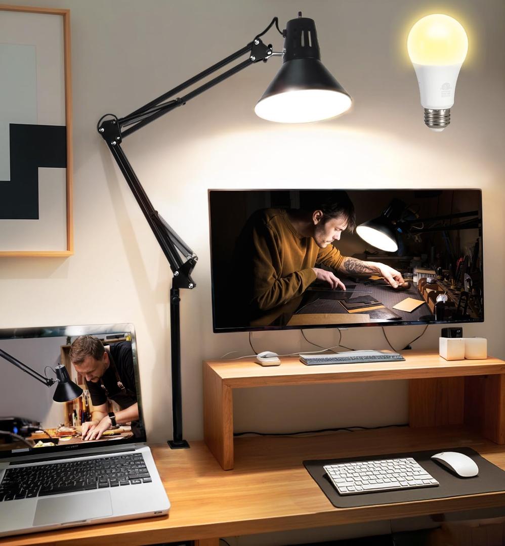 LED Desk Lamp With Clamp for Home Office, Eye-Caring Clip on Light with Adjustable Extra Tall Metal Swing Arm, High Intensity Clamp w/A19 E26 Bulb for Working Reading, 3000k Table Lamps Warm Light (Black)