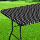 Rectangle Vinyl Table Cloth 24x48, Waterproof Elastic Fitted Tablecloth with Flannel Backing, Plastic Table Cover for Picnic, Camping, Outdoor, Black