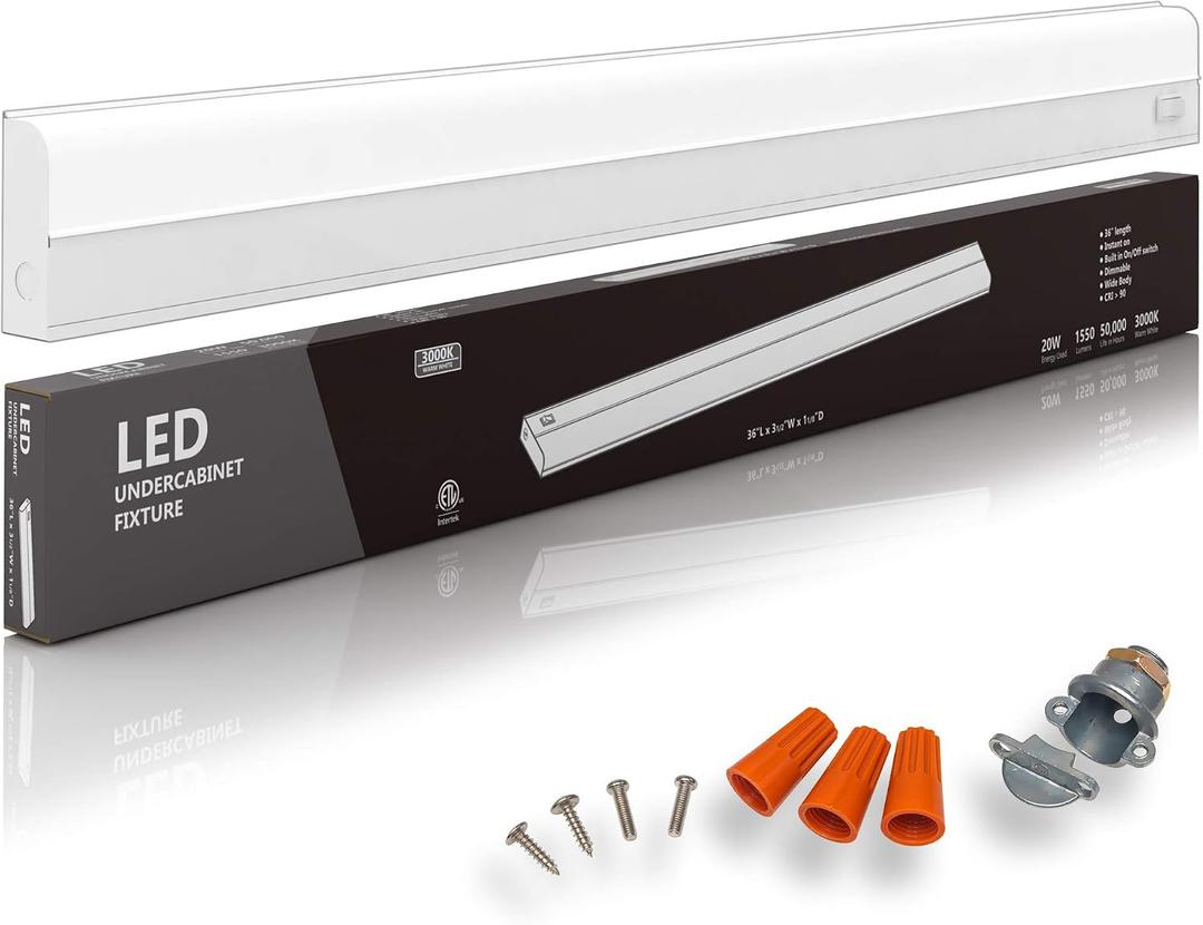 Hardwired LED Under Cabinet Task Lighting - 20 Watt, 36", Dimmable, CRI>90, 3000K (Warm White), Wide Body, Long Lasting Metal Base with Frost Lens