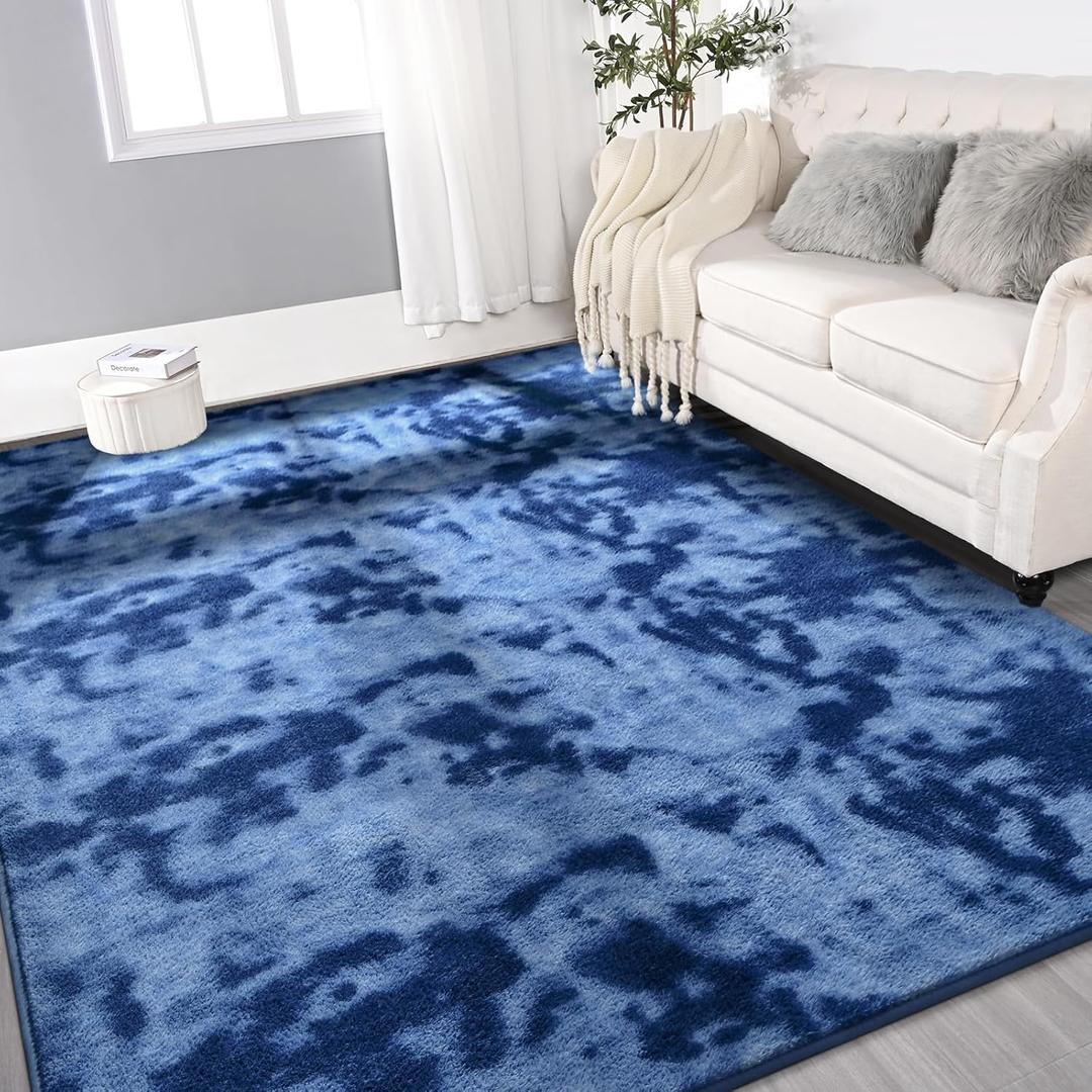 Large Ultra Soft Modern Area Rugs for Living Room Bedroom, 6x9 Feet Tie-Dyed Navy Blue Thickened Memory Foam Indoor Carpets, Non-Slip Comfy Rug for Boys Girls Nursery Room Home Decor