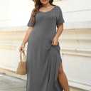 Nemidor Plus Size Maxi Dresses for Curvy Women Casual Summer Slit Loose Short Sleeve Long Dress with Pocket 14-26 (Gray)