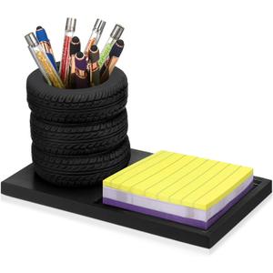 Tire Shaped Pen Holder with Sticky Notes Holder Set Tool Planter Pencil Storage Holder Desk Organizer Home Office Supplies Gift for Mechanics Car Lovers (Black)