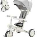 JMMD Baby Tricycle, 7-in-1 Multifunctional Kids Trike with Adjustable Parent Handle, Safety Harness & Wheel Brakes, Removable Canopy, Stroll Trike for Boys & Girls Ages 18 Months-5 Years, Gray