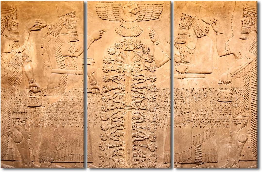 TUMOVO Ancient Sumerian Stone Carving with Cuneiform Scripting Picture for Bedroom Sumerian Wall Art 3 Panels Sumerian Culture Wall Decorations for Living Room Framed Ready to Hang (20x40 inch x3)