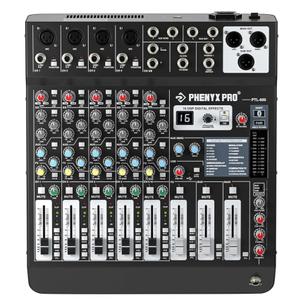 Professional 6-Channel Audio Mixer, Phenyx Pro DJ Sound Mixer Board w/Flexible AUX, BUS, SUB Routing, 16 DSP, BT Streaming & USB-B PC Recording, Mixing Console for Stage, Home Studio (PTL-600)