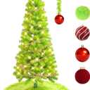 5FT Whimsical Bendable Christmas Tree with Green Plush Tree Skirt 4 Christmas Balls Ornament & String Lights, Lime Green Artificial Xmas Tree for Indoor Holiday Decoration, Easy Assembly