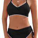 Women's Bikini Sets V Neck High Waisted Swimsuits Shell Stitched Two Piece Swimsuit Tie Side Swimwear (Black, L)