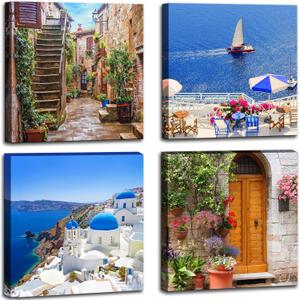 OKEXCKK Santorini Greece Canvas Wall Art, Nature Landscape Pictures Print Rustic Scenic Paintings for Bedroom Living Room Office, Wall Decor Modern Artwork (12x12inches*2pcs)