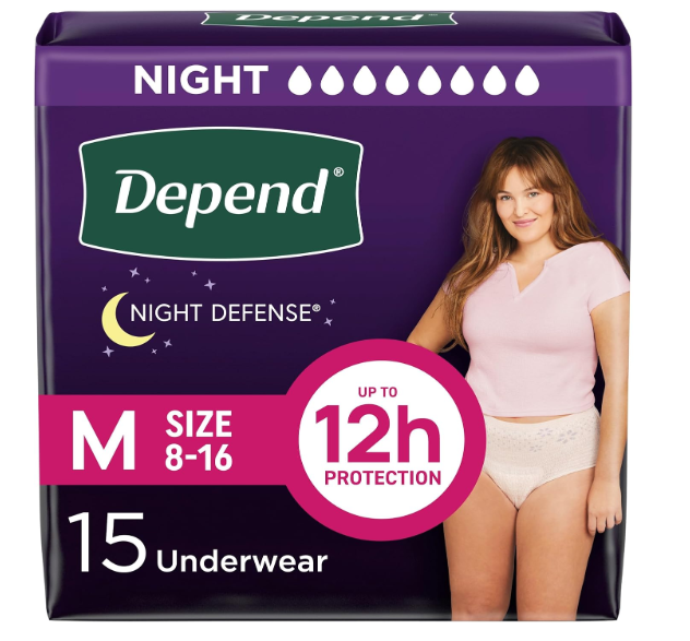 Depend Night Defense Adult Diapers, Incontinence & Postpartum Bladder Leak Underwear for Women, Disposable, Overnight, Medium, Blush, 15 Count