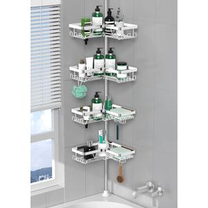 Corner Shower Caddy Tension Pole - Chrome Tension Rod Shower Caddy Adjustable Shampoo Holder for Bathroom/Bathtub/RV, Stainless Steel, Floor to Ceiling 25-114.2 inch