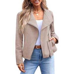 AUTOMET Women‘s Faux Suede Leather Jacket, Cropped Open Front Coat for Fall Winter Spring, Cardigan Style, Size Medium
