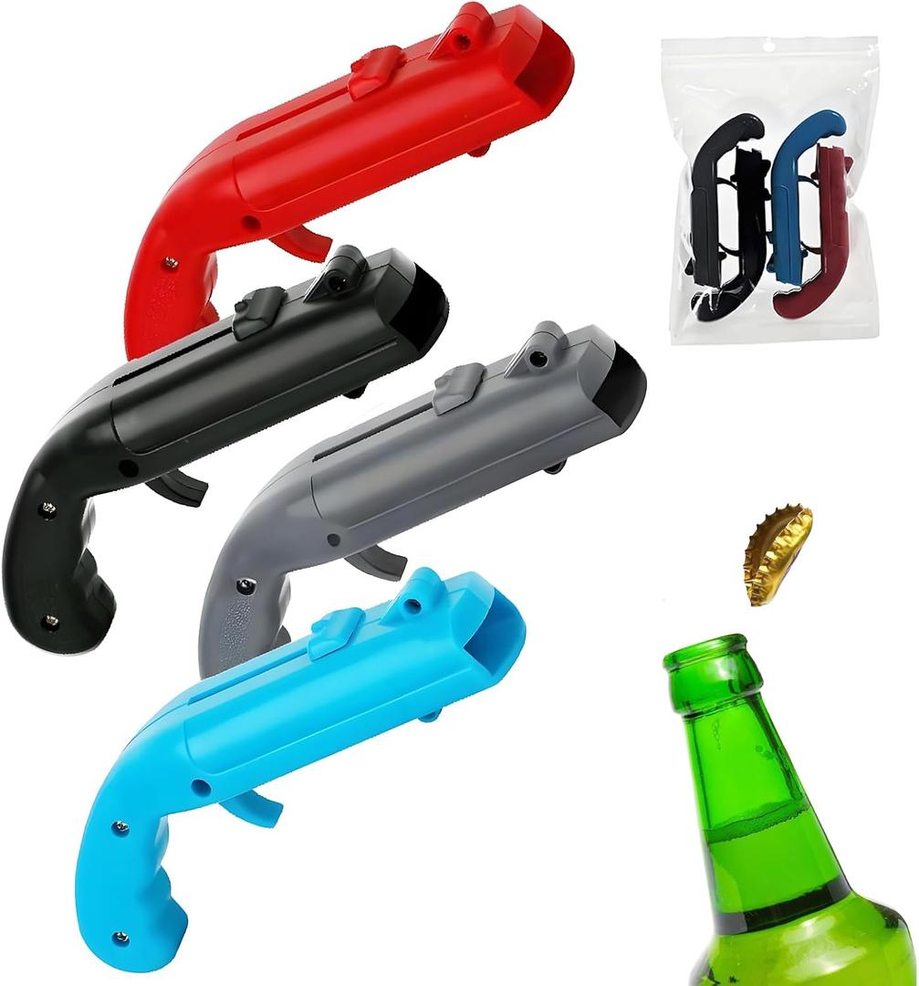 4-Pack Gun Bottle Opener Set Fun & Creative Shooter for Beer & Soda Party & Bar Tool Includes Red Blue Black Gray Colors