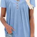 Women's Summer Tops Short Sleeve Shirts Henley Loose Fit Tunic Ladies Flowy Blouse Plus Size (Blue, M)