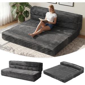 Erament Tri-Fold Futon Sofa Bed, 6 Inch Foldable Floor Couch, High-Density Foam Convertible Sleeper Sofa with Removable Washable Corduroy Cover, Portable Floor Mattress for Living Room, Queen