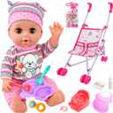 SMILESSKIDDO Baby Doll with Stroller, 14'' Soft Body Dolls with Accessories Includes Foldable Cart, Feeding Playset, Babydoll Pretend Play Toddler Toys Gifts for 1-4 Year Old