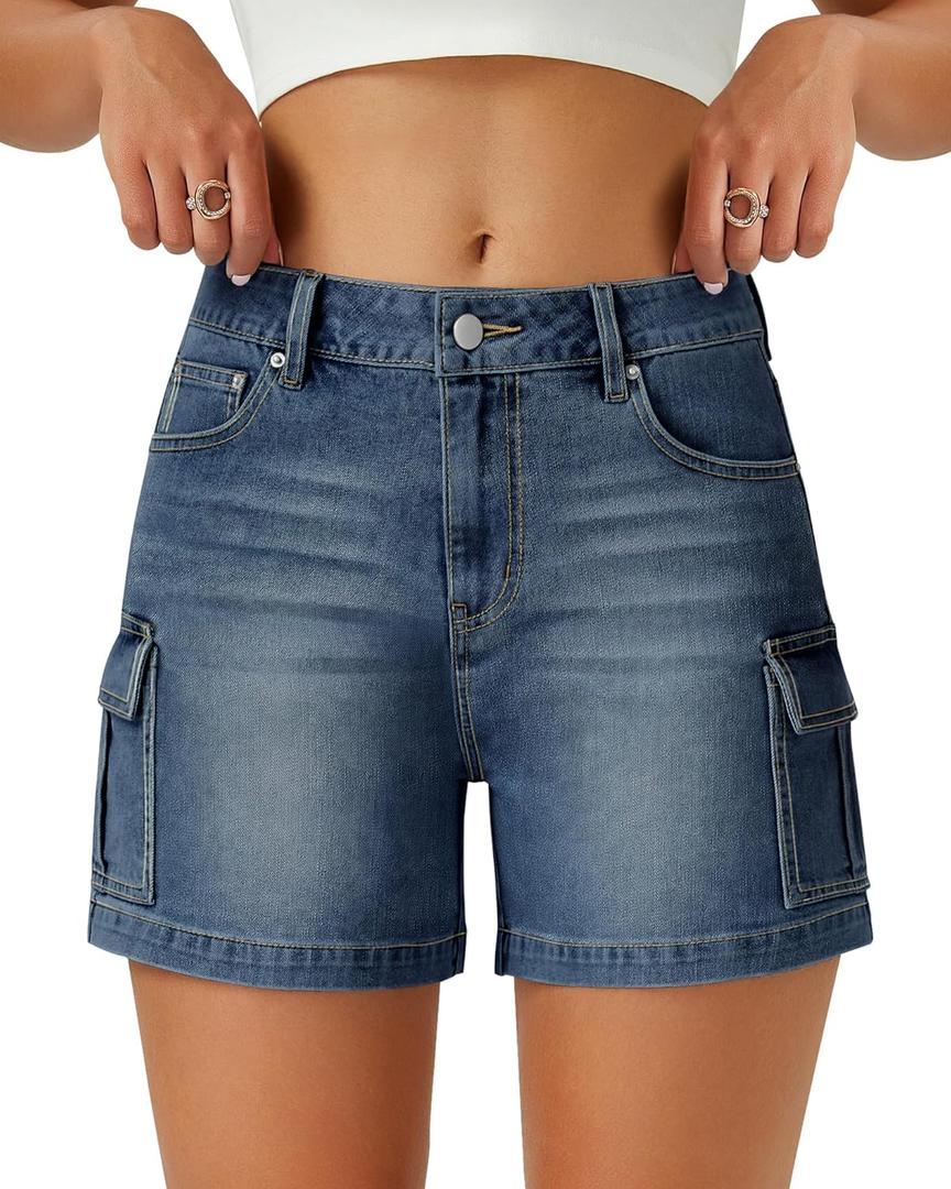 AUWUKA Womens Cargo Jean Shorts High Waisted Microelastic Straight Leg Long Denim Mom Shorts, Size 8 