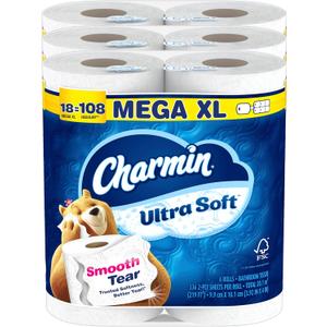 Charmin Ultra Soft Toilet Paper, 18 Mega XL Rolls = 108 Regular Rolls