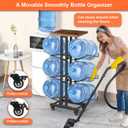 5 Gallon Water Jug Holder,3 Tier Foldable Heavy Duty Water Jug Stand Water Bottle Holder Organizer with Lockable Casters Water Dispenser Stand Rack with Removable Wood Top Shelf for 6 BottlesBrown