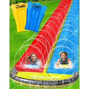 JAMBO XL Premium 20Ft Slip Splash and Slide with 2 Bodyboards, Heavy Duty Water Slide with Advanced 3-Way Water Sprinkler System, Backyard Waterslide, Splash Mat, Outdoor Water Toys n Slides for Kids JAMBO XL Premium 20Ft Slip Splash and Slide with 2 Bodyboards, Heavy Duty Water Slide with Advanced 3-Way Water Sprinkler System, Backyard Waterslide, Splash Mat, Outdoor Water Toys n Slides for Kids