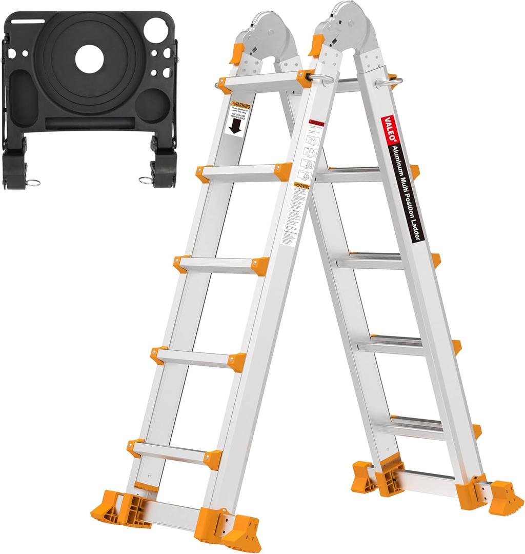 Valeo Ladder 17 FT, A Frame 5 Step Ladder Extension,Multi Position & Storage Folding Ladder, 330 lbs Security Load Telescoping Ladders for Stairs Home Indoor Outdoor Roof (Silver)