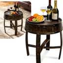 Solid Oak Whiskey Barrel Side Table (24″×22″), Rustic Round End Coffee Table for Home Bar & Game Room Decor, Handcrafted Solid Wood Furniture for Living Room Sofa, Easy Assembly