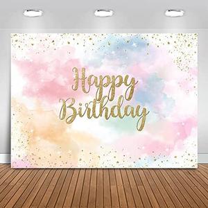 Mocsicka Rainbow Birthday Backdrop Colorful Watercolor Pastel Clouds Background Gold Glitter Confetti Sprinkles Birthday Party Cake Table Decoration Photo Booth Props (7x5ft)
