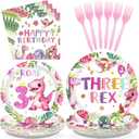 Grencian 96 Pcs Pink Dinosaur Birthday Decorations for 3rd Girls Dino Theme Party Supplies Disposable 3rd Dinosaur Party Tableware Set for three Year Old Girls Birthday Decor Serves 34